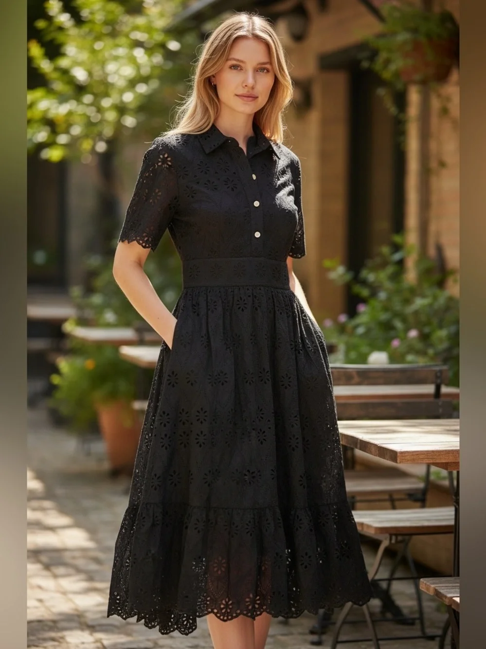KATE SPADE Black Cotton Eyelet Polo-Collar Midi Dress